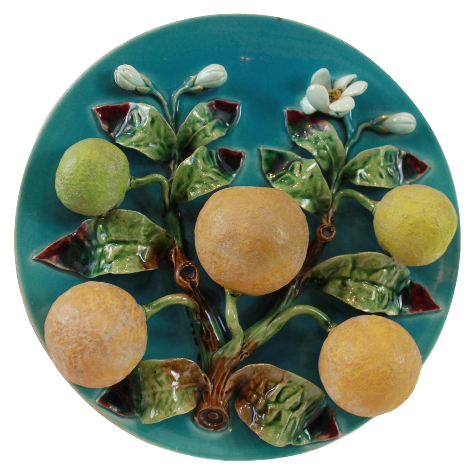 Menton French Majolica Wall Plaque on a Turquoise Ground with Oranges, ca. 1880