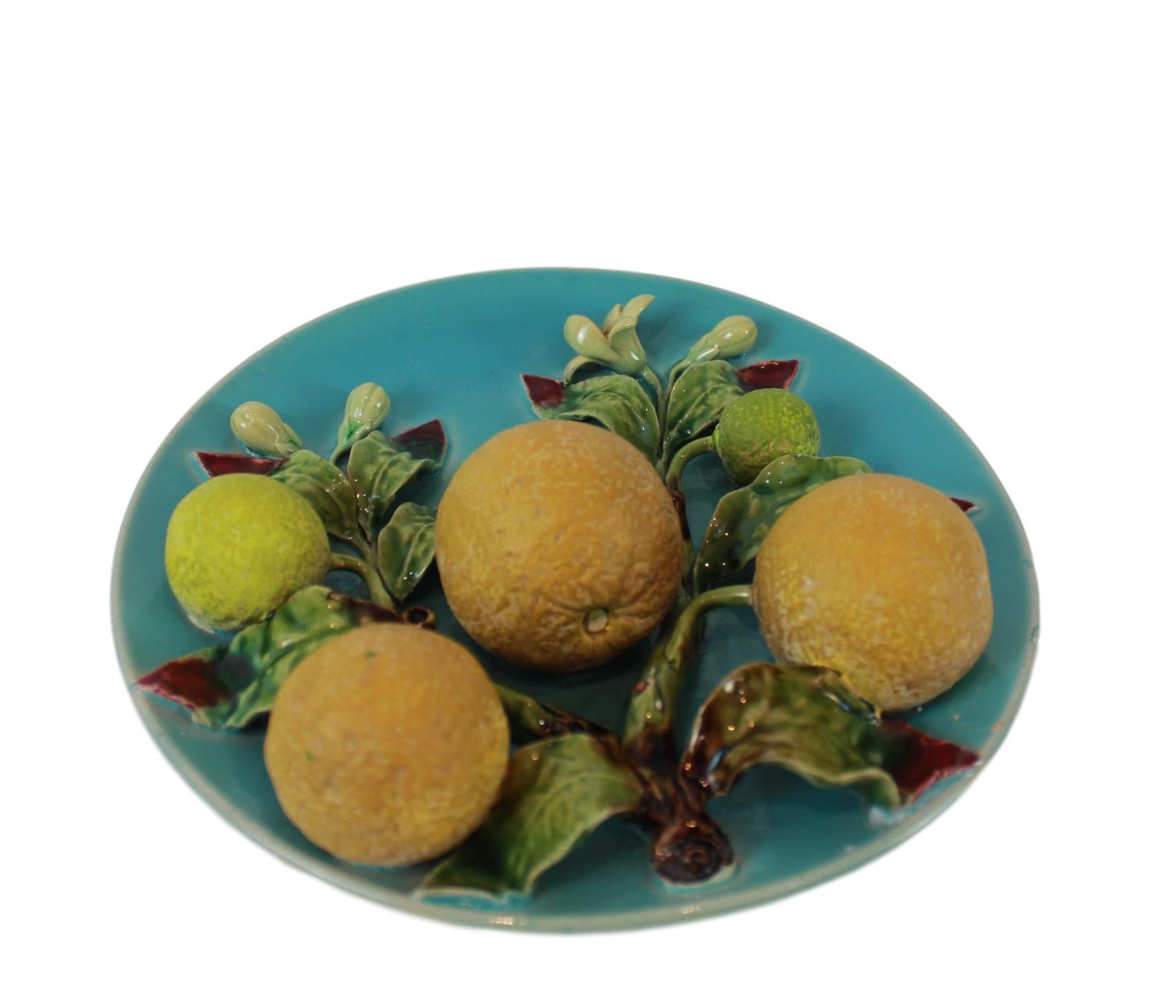 Victorian French Majolica Trompe L'oeil Wall Plaque with Oranges, Perret-Gentil, Menton For Sale