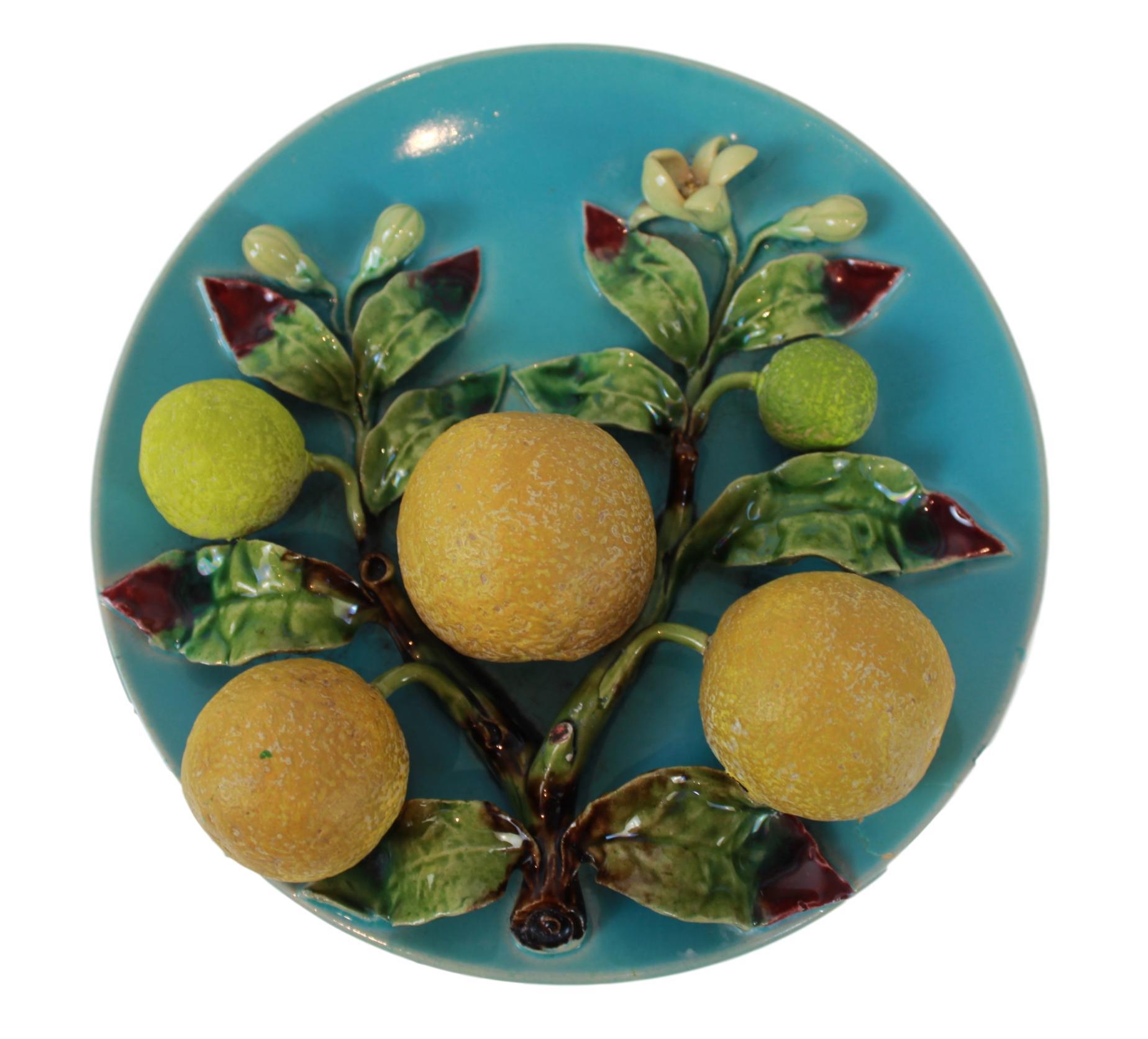 English French Majolica Trompe L'oeil Wall Plaque with Oranges, Perret-Gentil, Menton For Sale