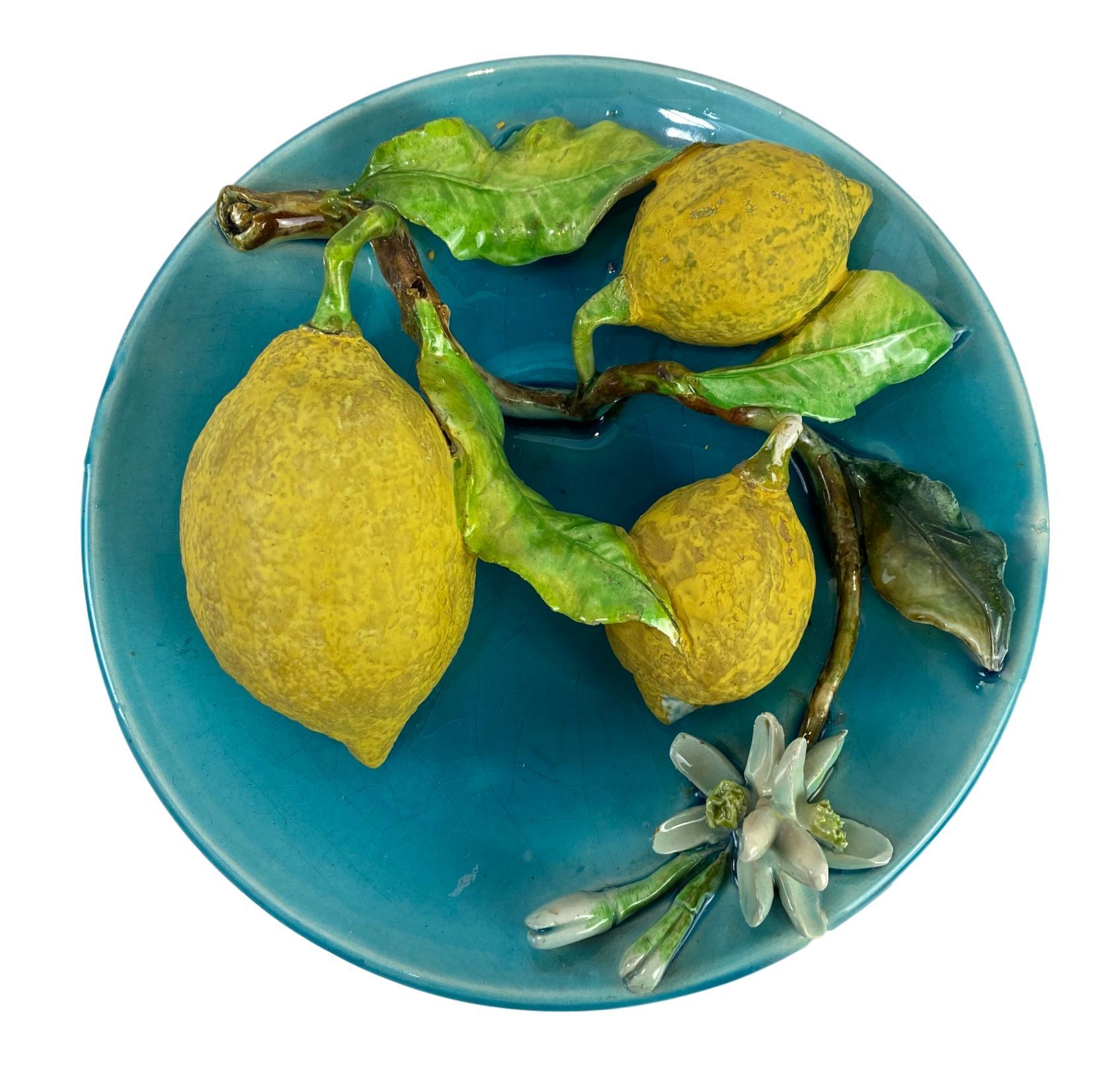 Menton French Majolica Wall Plaque Turquoise with Lemons by J. Saissi circa 1880 4