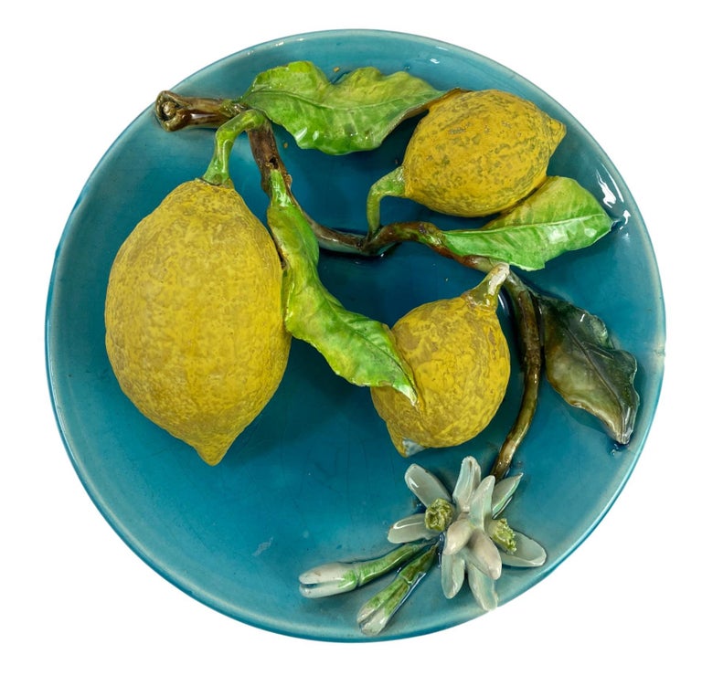Molded Menton French Majolica Wall Plaque Turquoise with Lemons by J. Saissi circa 1880