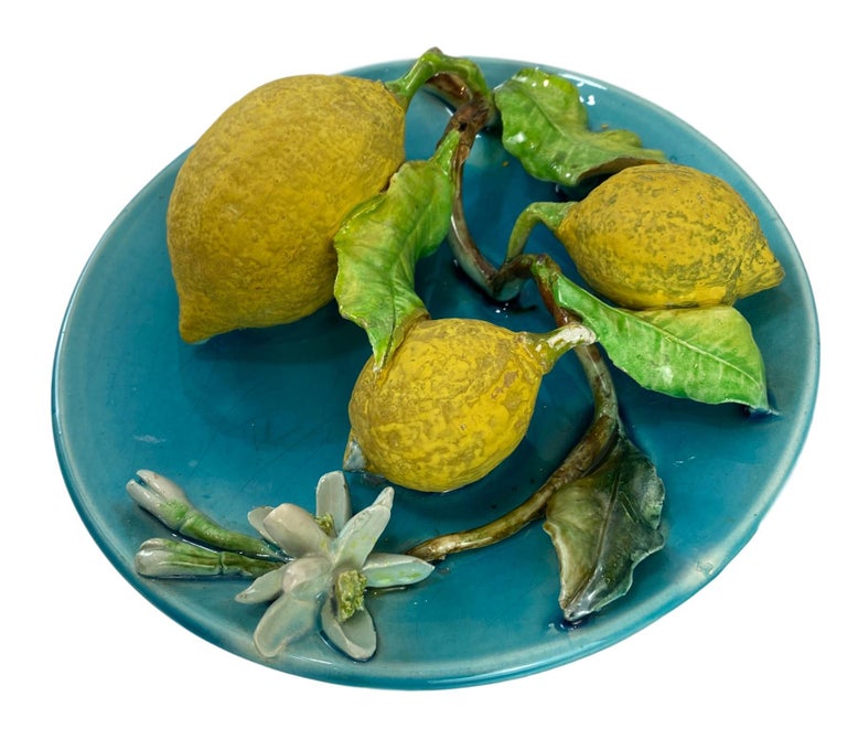 Menton French Majolica Wall Plaque Turquoise with Lemons by J. Saissi circa 1880 1