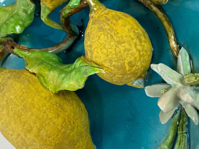 Menton French Majolica Wall Plaque Turquoise with Lemons by J. Saissi circa 1880 2