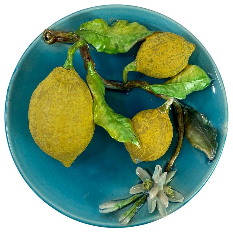 Menton French Majolica Wall Plaque Turquoise with Lemons by J. Saissi circa 1880