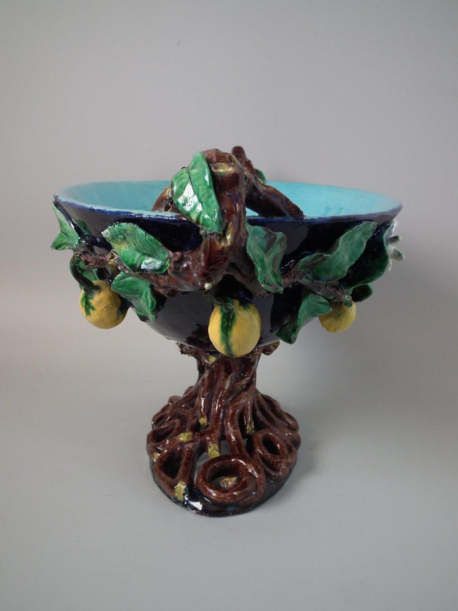 Menton Majolica centrepiece bowl which features lemon tree branches, leaves and blossom. Colouration: cobalt blue, turquoise, green, are predominant. The piece bears maker's marks for the Menton pottery.