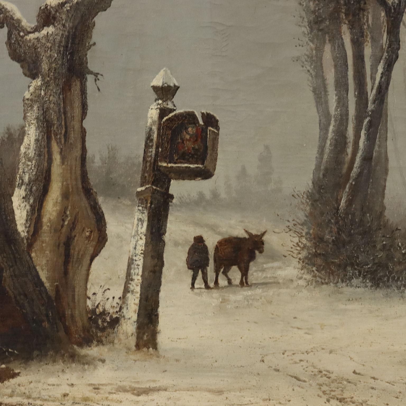 Schneelandschaft mit Figuren, 1872 (Braun), Landscape Painting, von Mentore Silvani