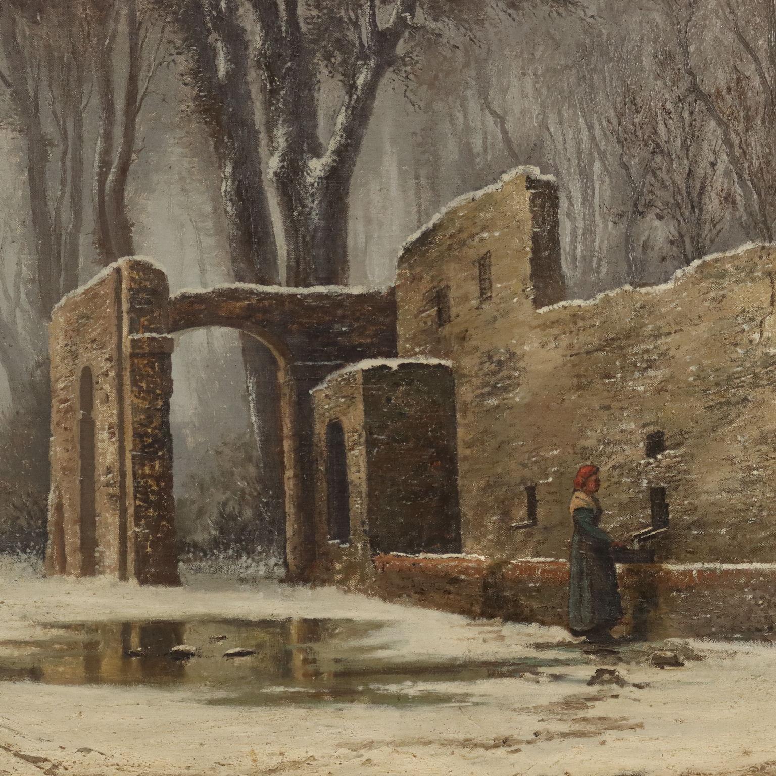 Paysage enneigé avec personnages, 1872 - Marron Landscape Painting par Mentore Silvani