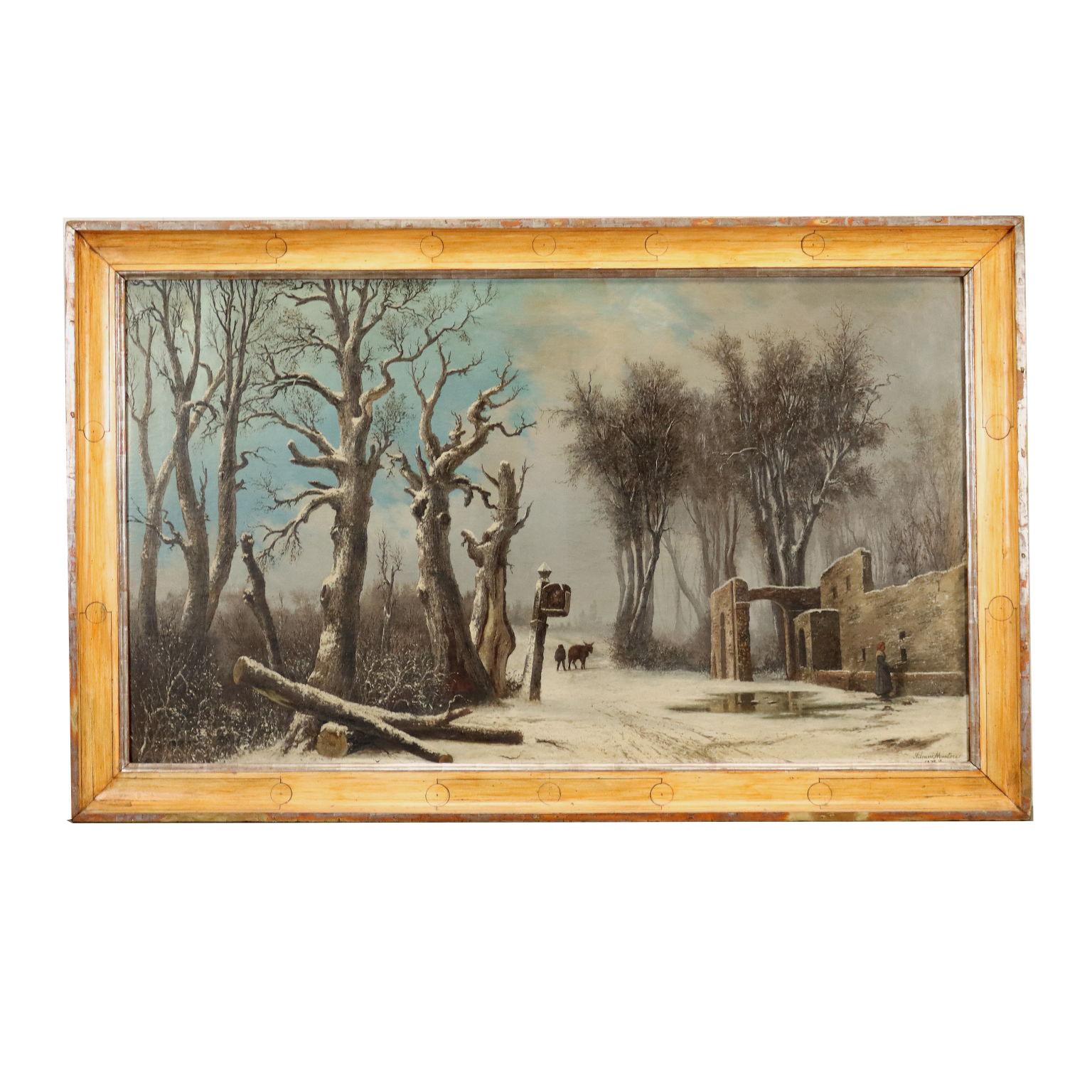 Mentore Silvani Landscape Painting – Schneelandschaft mit Figuren, 1872