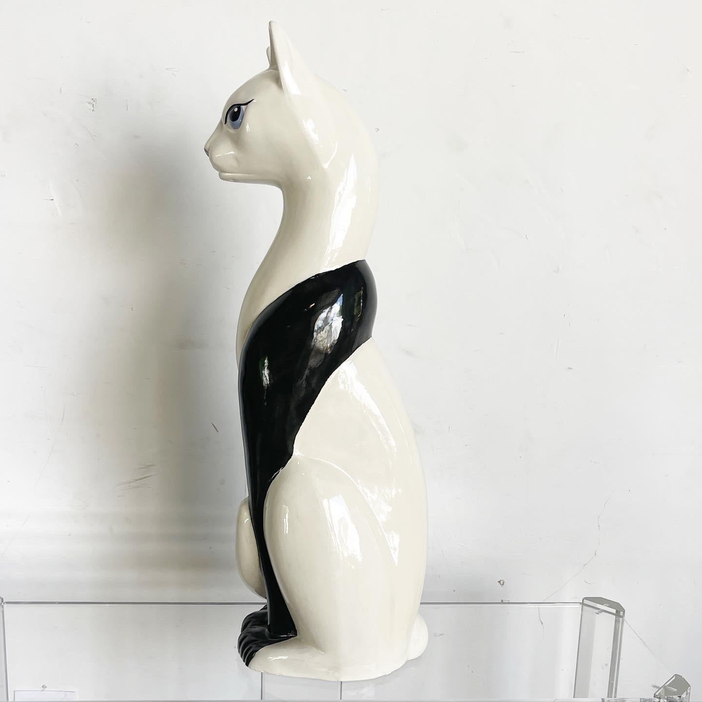 Late 20th Century Meow Century Modern Hand Painted Ceramic Cat Sculpture For Sale