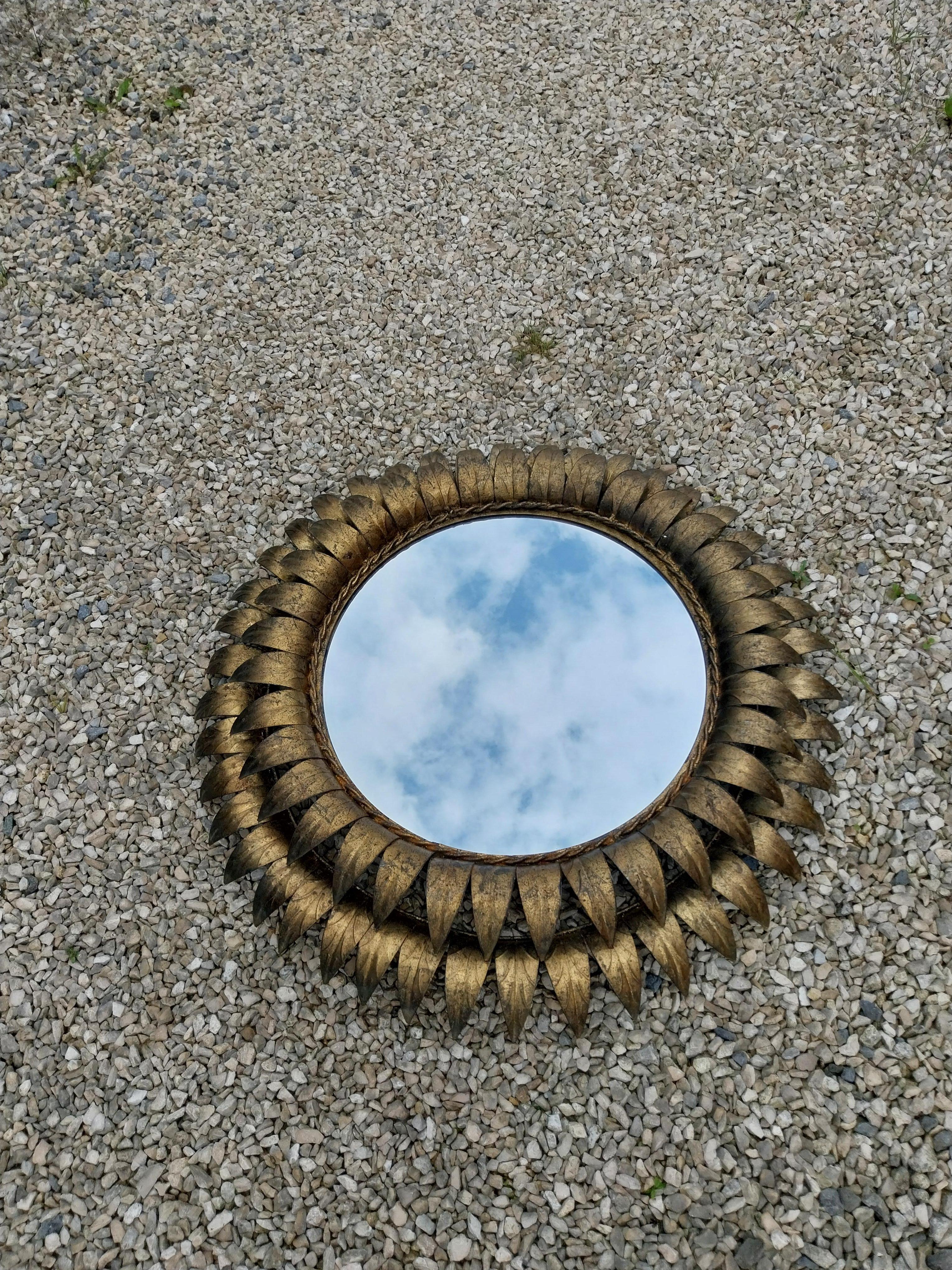 Cold-Painted Meral sunburst mirror with wall-light For Sale