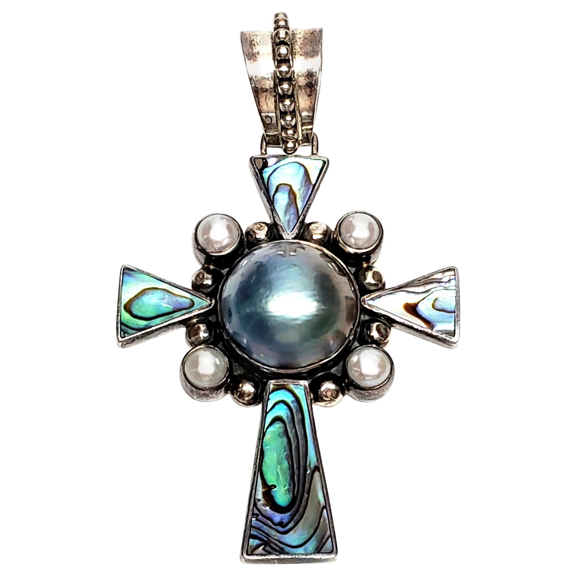 Merav Thailand Sterling Silver Mabe Pearl and Abalone Cross Pendant
