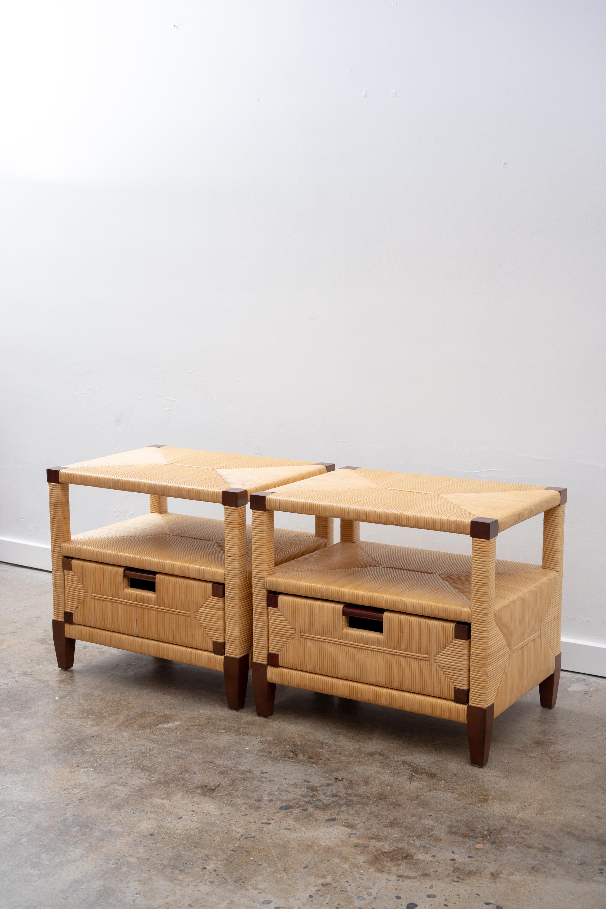 Organic Modern “Merbau” Mahogany and Cane End Tables, A Pair by John Hutton for Donghia For Sale