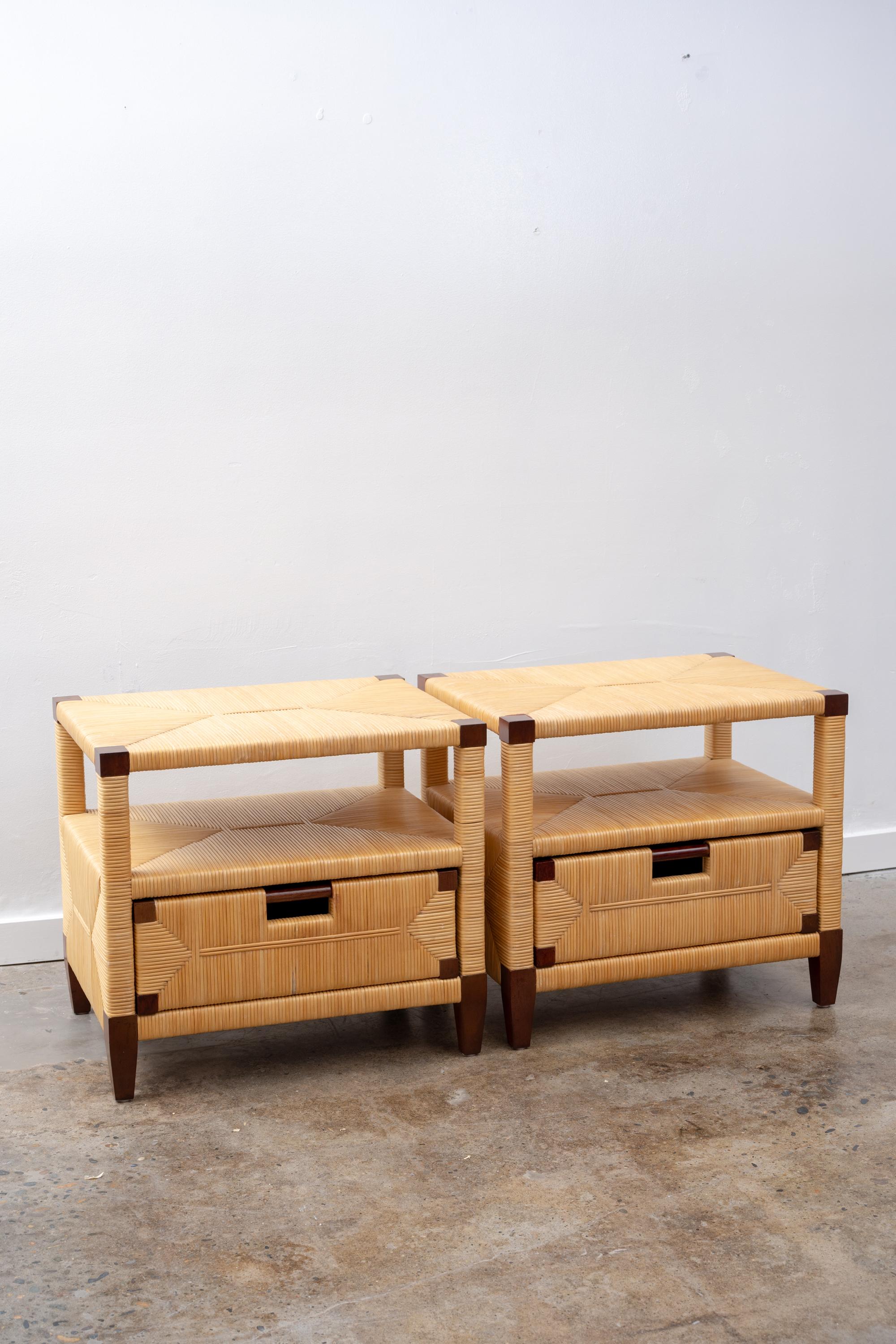 American “Merbau” Mahogany and Cane End Tables, A Pair by John Hutton for Donghia For Sale