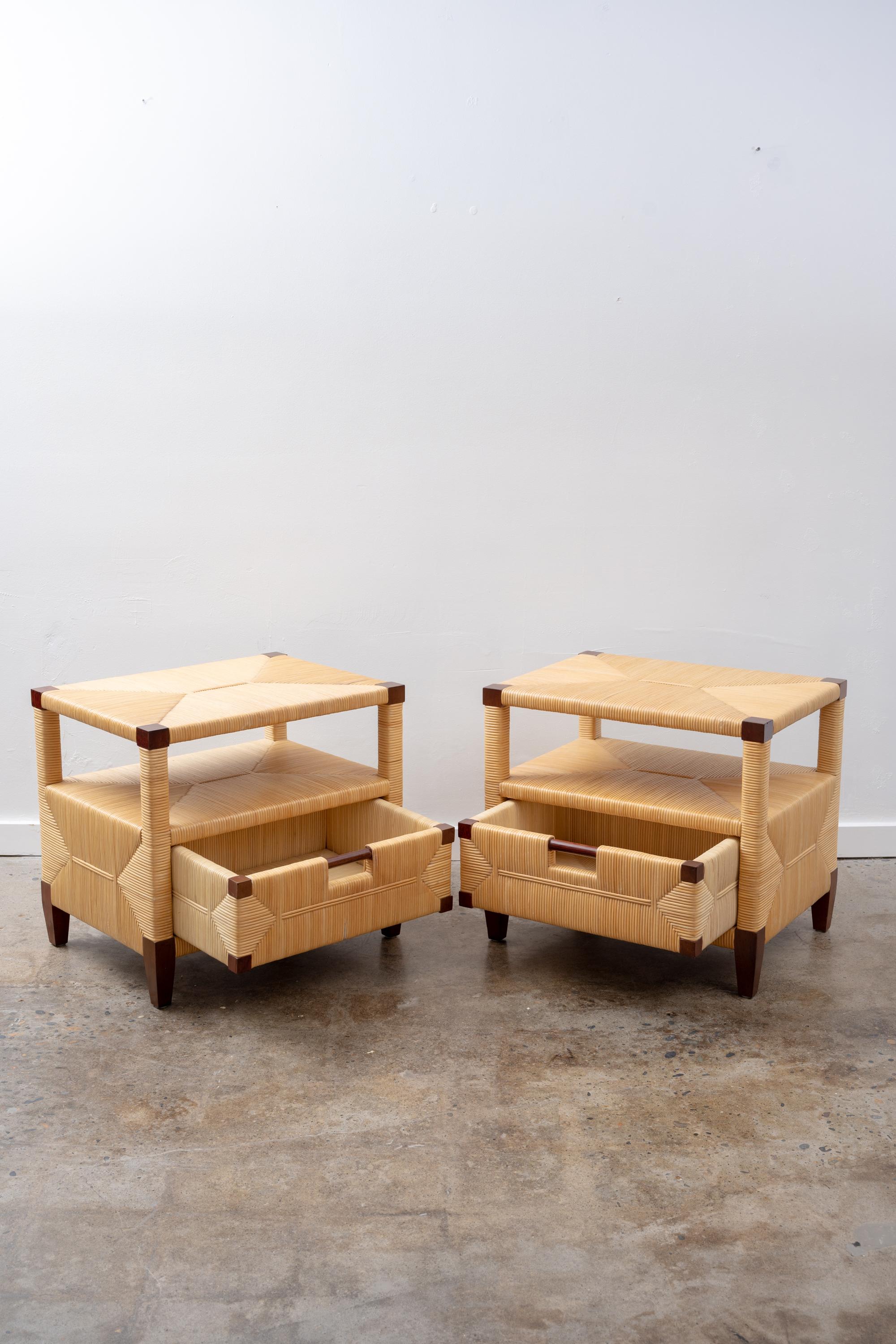 “Merbau” Mahogany and Cane End Tables, A Pair by John Hutton for Donghia In Good Condition For Sale In Portland, OR