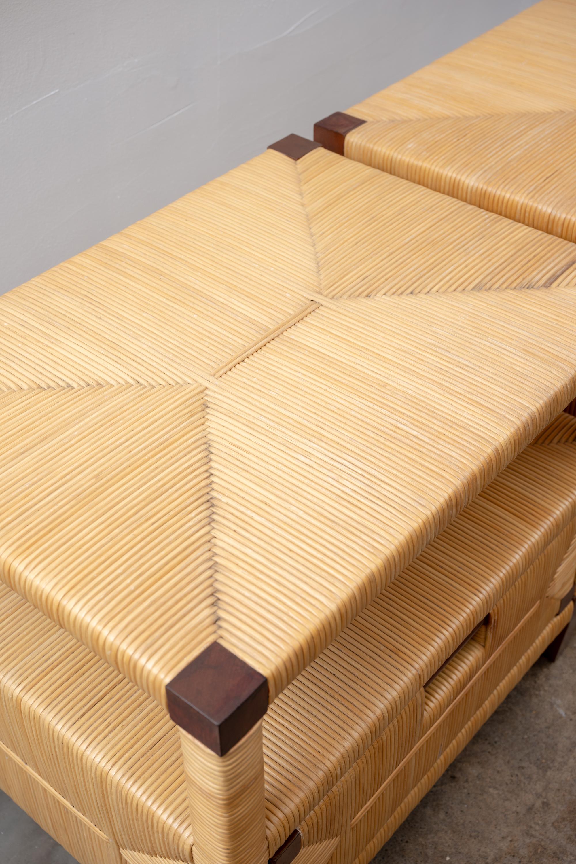 Late 20th Century “Merbau” Mahogany and Cane End Tables, A Pair by John Hutton for Donghia For Sale