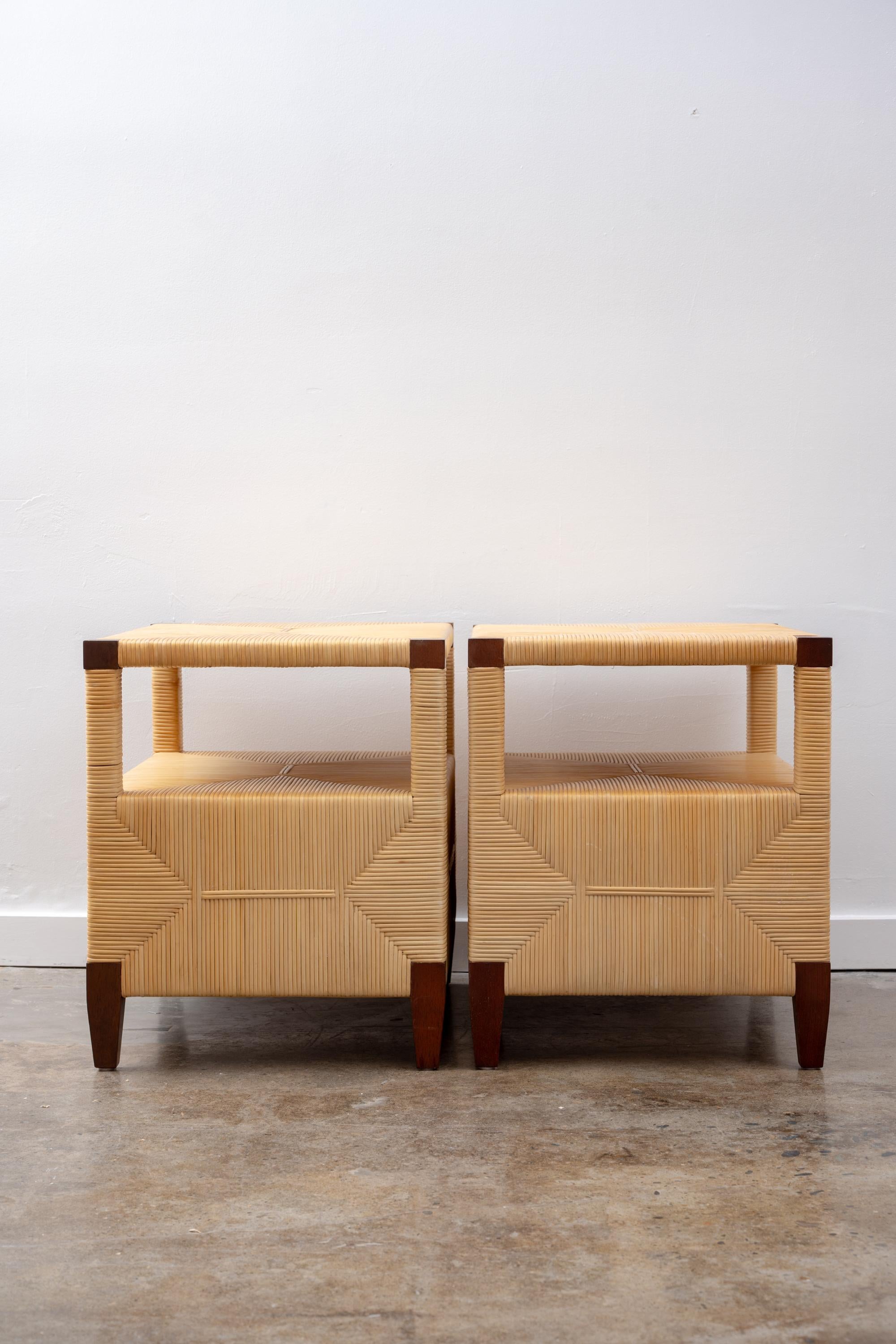 “Merbau” Mahogany and Cane End Tables, A Pair by John Hutton for Donghia For Sale 1