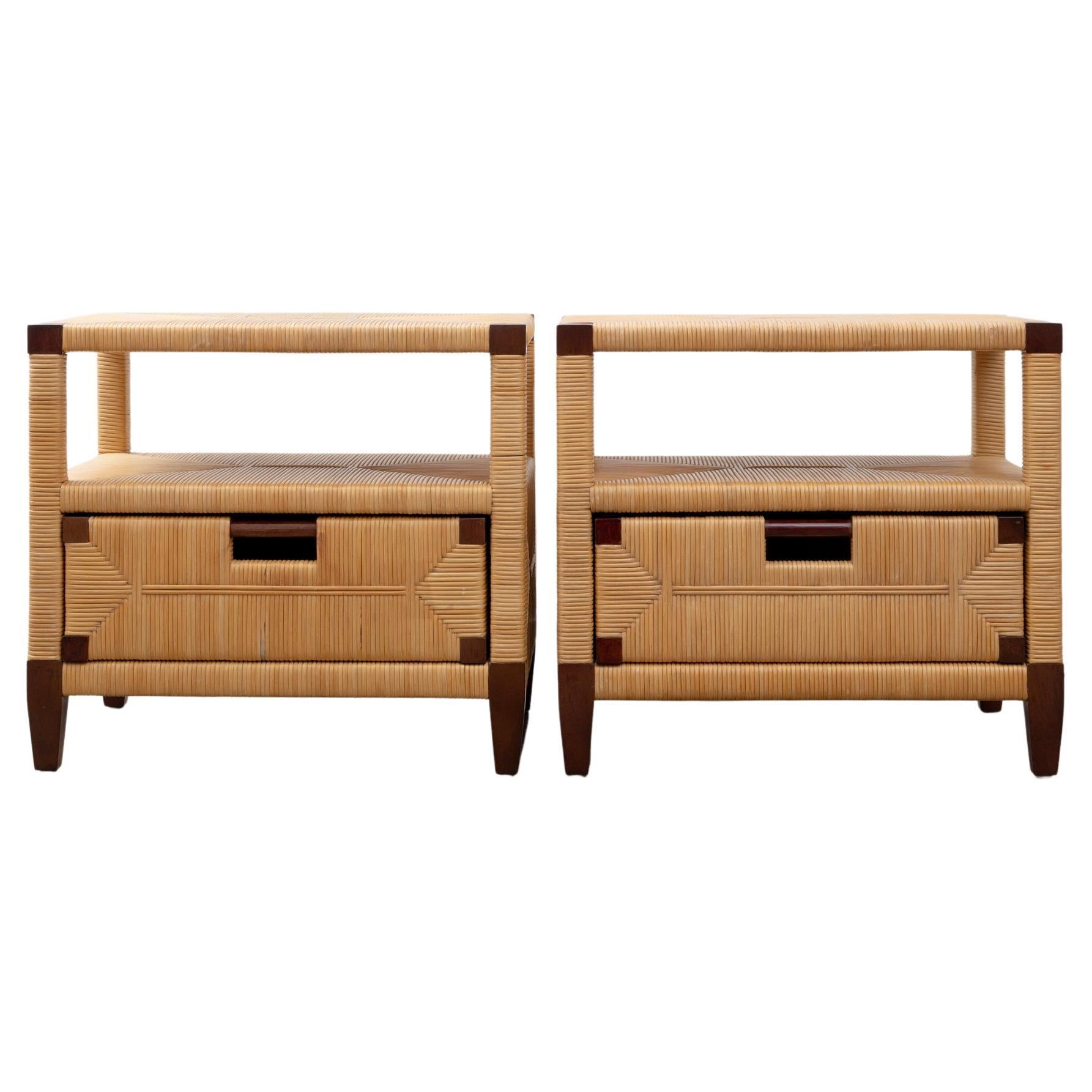 “Merbau” Mahogany and Cane End Tables, A Pair by John Hutton for Donghia For Sale