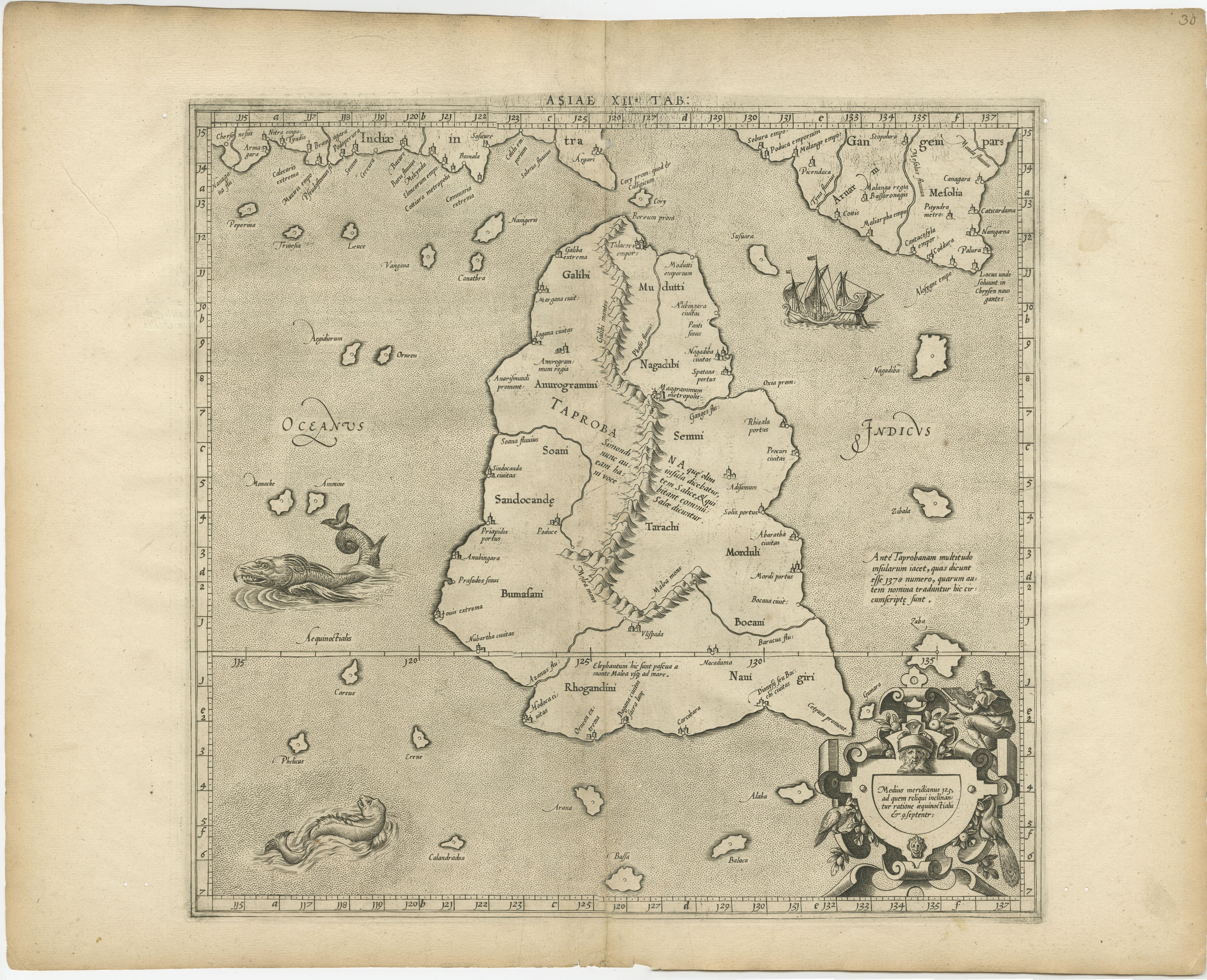 Antique map titled 'Asiae XII Tab'. Mercator's Ptolemaic map of Taprobana. The map shows Ptolemy's erroneous location of the island of Sri Lanka near the equator, with a bit of India shown to the northeast. Includes a pair of sea monsters and a