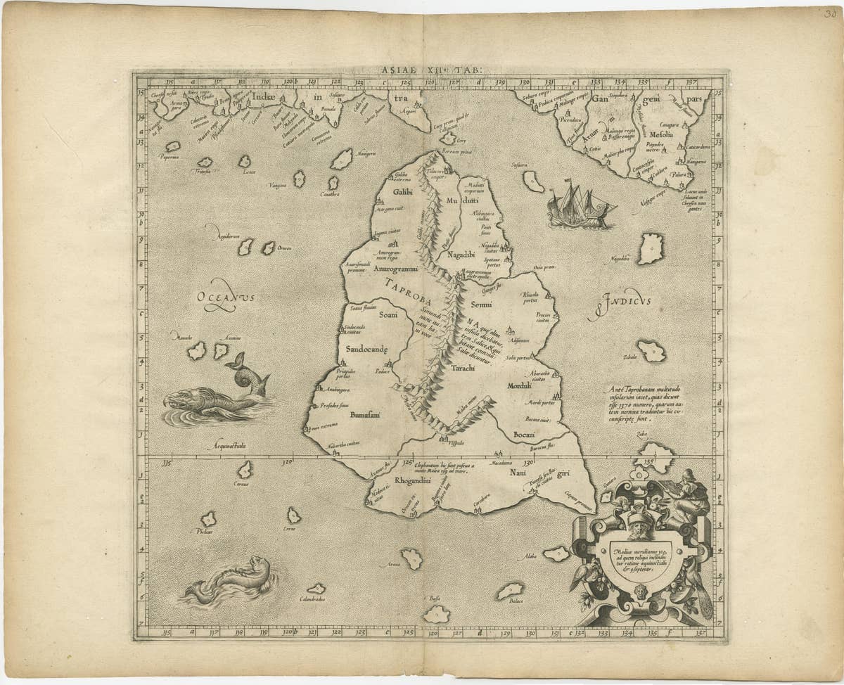 Mercator's Ptolemaic map of Taprobana, (Ceylon) Sri Lanka