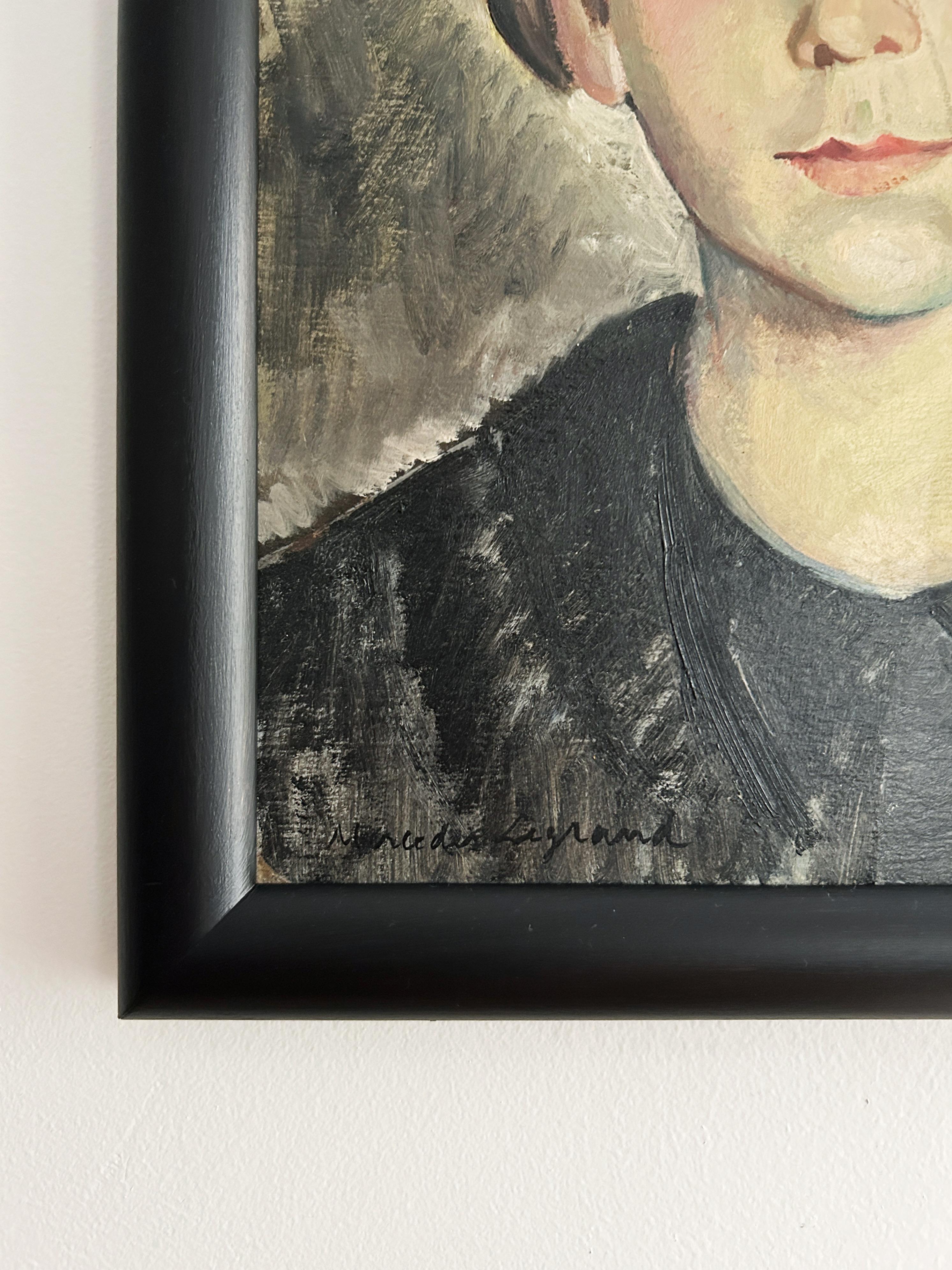 Mercédès LEGRAND (1893-1945)
Ritratto di una giovane donna; si presume che sia la figlia dell'artista, circa 1935
Olio su pannello (cartone bouilli)
Firmato in basso a sinistra
36 x 29 cm

Nata in Spagna nel 1893 da genitori belgi, Mercédès Legrand
