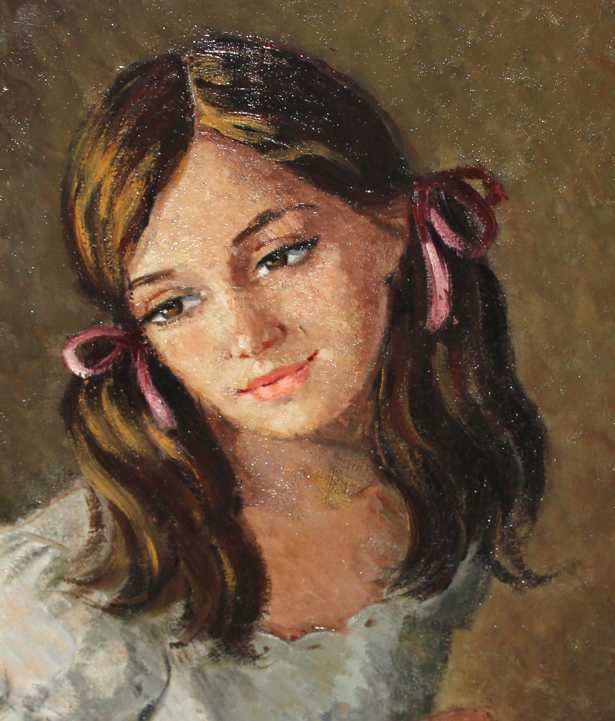 Óleo sobre tela - La joven tejedora - Portrait Painting Nero di Mercedes Malet Travy
