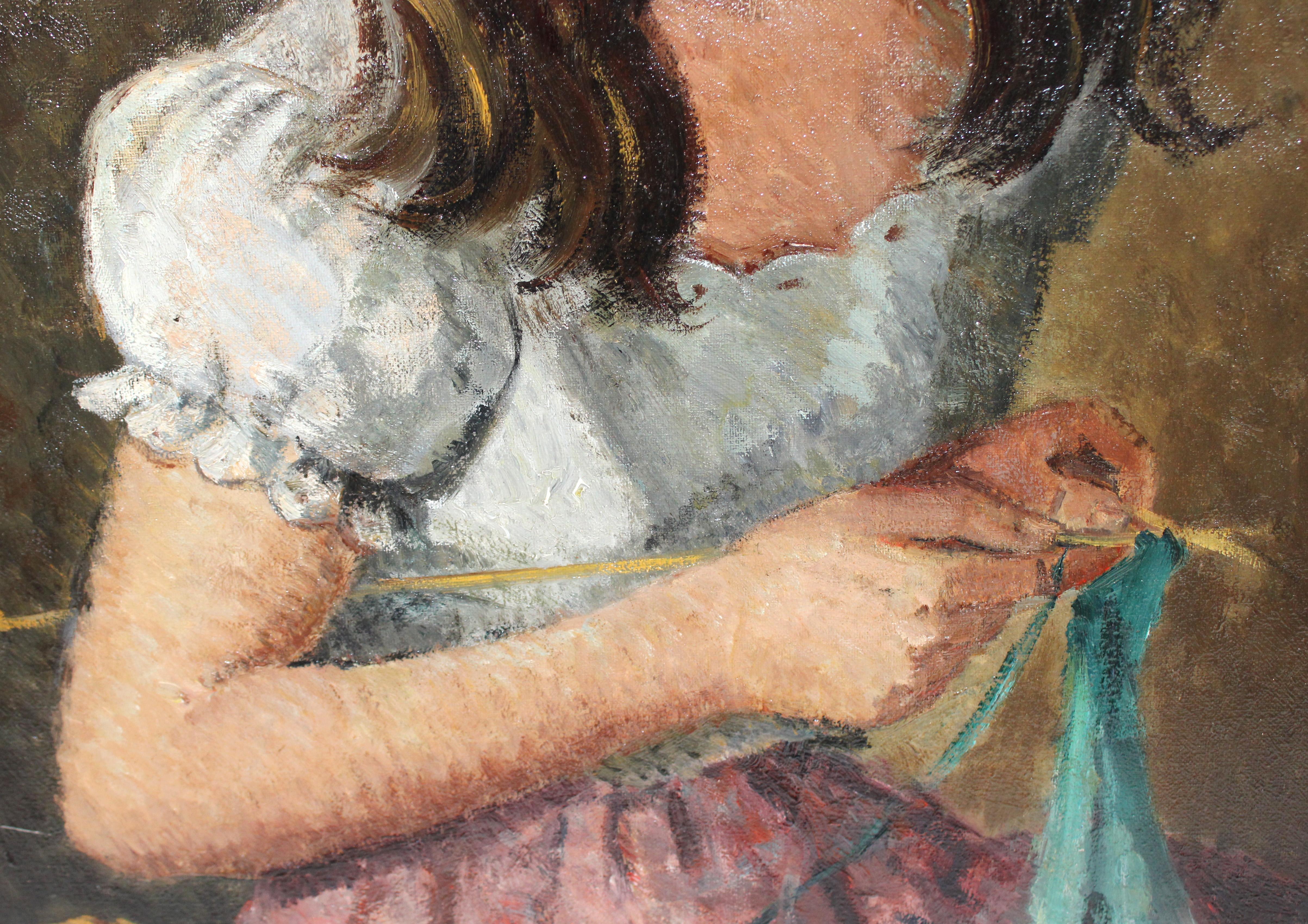 Óleo sobre tela - La joven tejedora in vendita 1