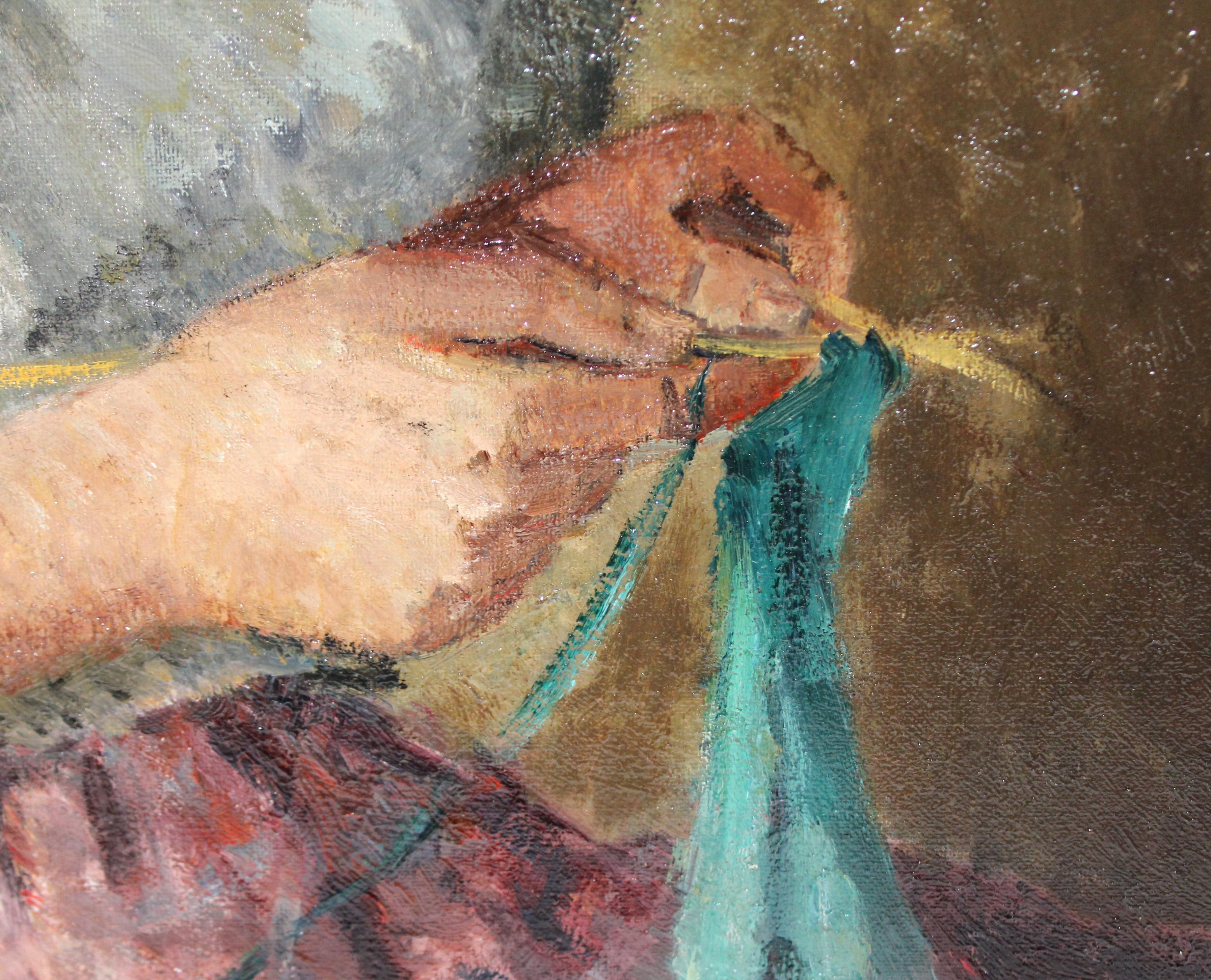 Óleo sobre tela - La joven tejedora in vendita 2