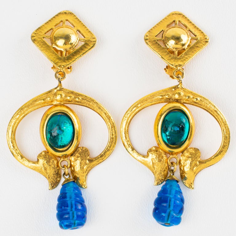 Boucles D'oreilles Vintage Emilio Pucci - Pâte De Verre Framboise, Plaqué Or 24 Carats