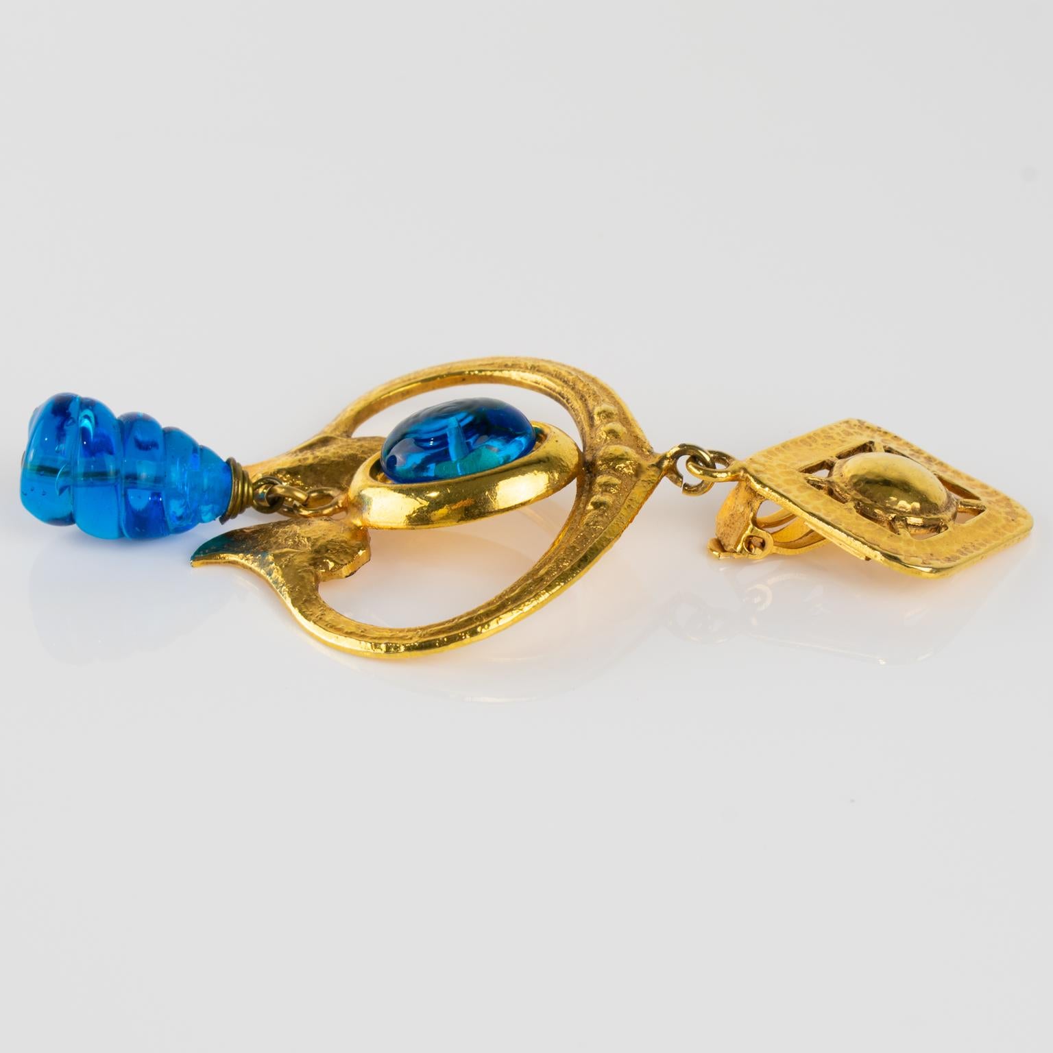 Mercedes Robirosa Orecchini a Clip in Metallo Dorato e Vetro Blu in vendita 3