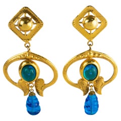Mercedes Robirosa Gilded Metal and Blue Glass Dangle Clip Earrings
