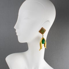 Mercedes Robirosa Gilded Metal and Green Glass Dangle Clip Earrings