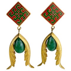 Mercedes Robirosa Gilded Metal and Green Glass Dangle Clip Earrings