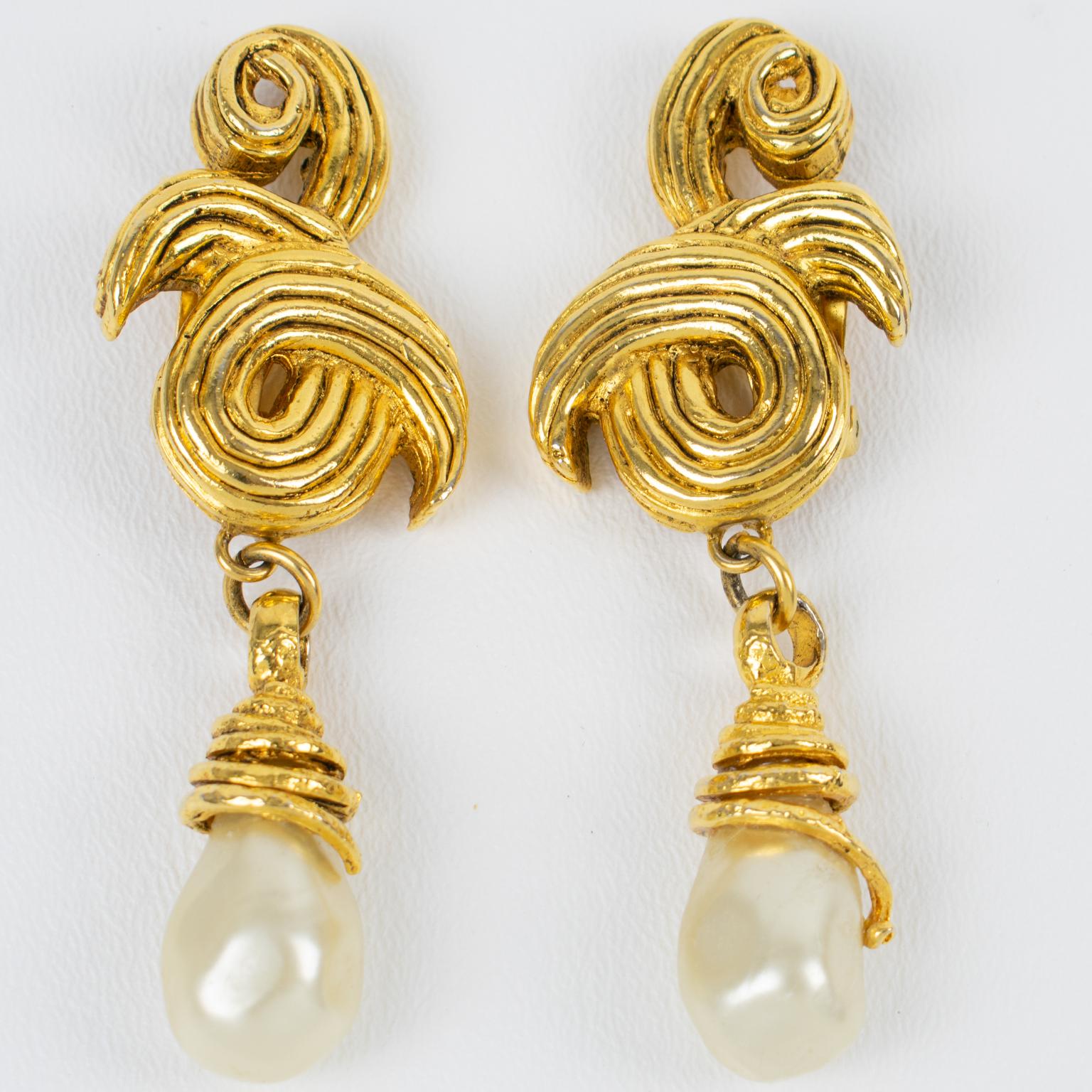 Mercedes Robirosa Gilded Metal and Pearl Glass Drop Clip Earrings 3