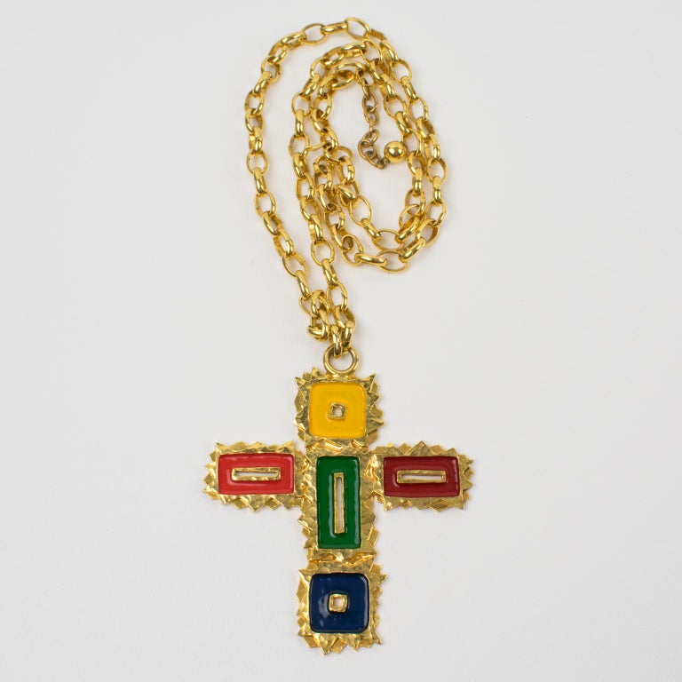 Mercedes Robirosa Oversized Gilt Metal and Enamel Cross Pendant Necklace  For Sale at 1stDibs