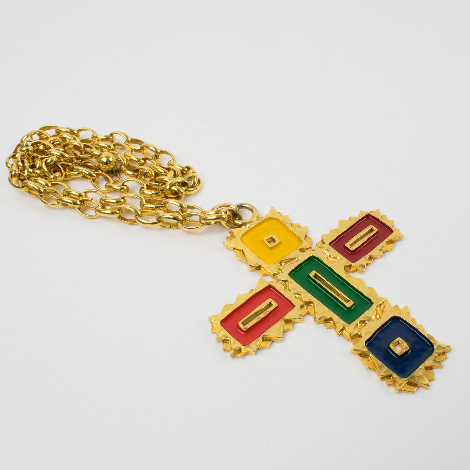 Mercedes Robirosa Oversized Gilt Metal and Enamel Cross Pendant Necklace In Excellent Condition For Sale In Atlanta, GA