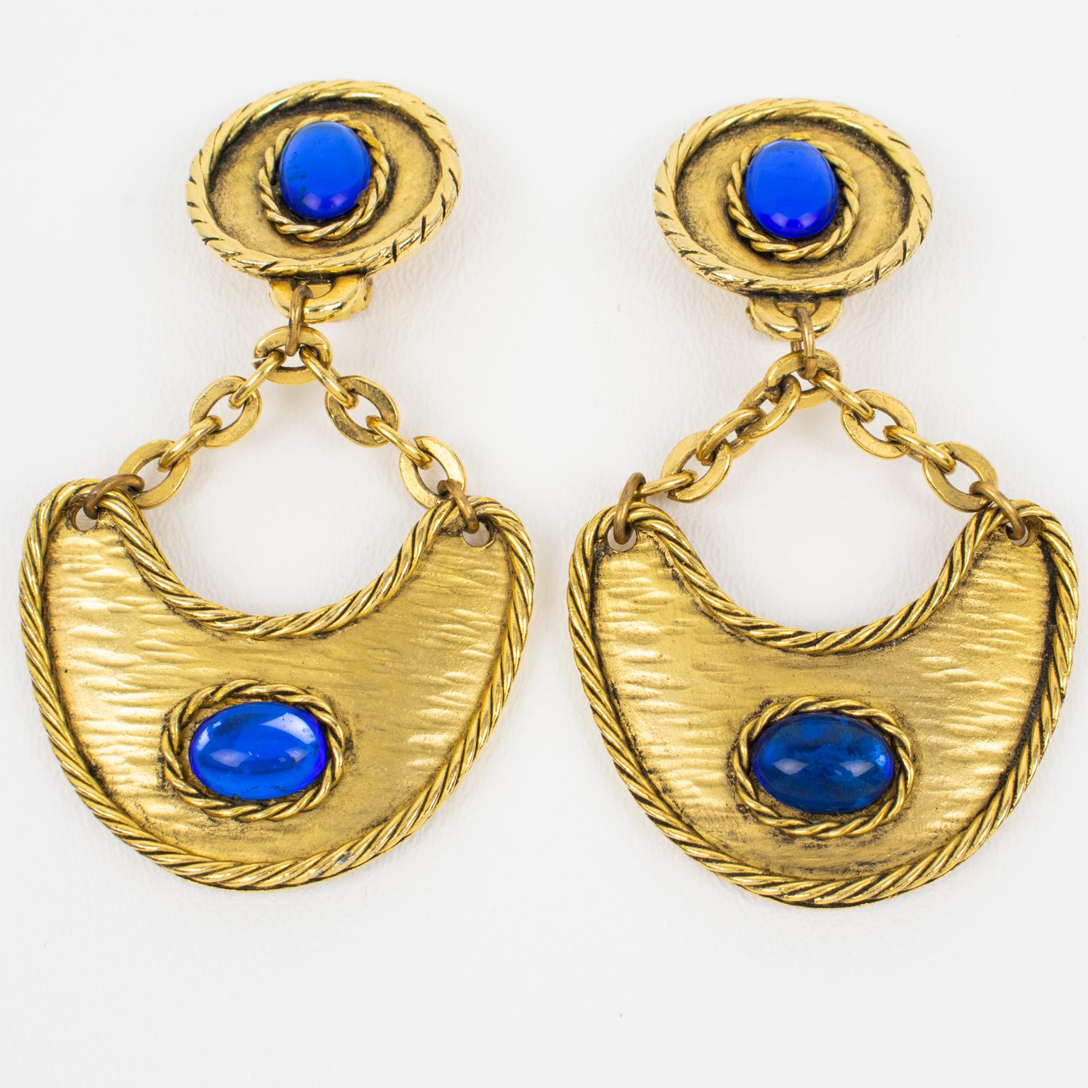 Modern Mercedes Robirosa Style Gilt Metal Dangle Clip Earrings with Blue Cabochons For Sale