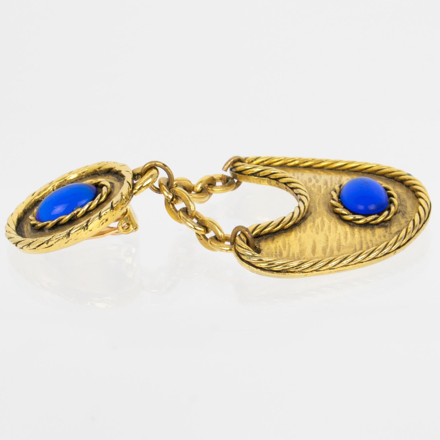 Women's Mercedes Robirosa Style Gilt Metal Dangle Clip Earrings with Blue Cabochons For Sale