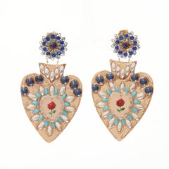 MERCEDES SALAZAR blue red heart resin crystal rose dangling clip on earrings