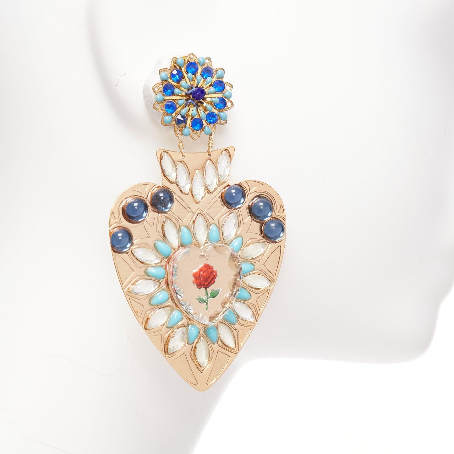 Women's MERCEDES SALAZAR blue red heart resin crystal rose dangling clip on earrings For Sale