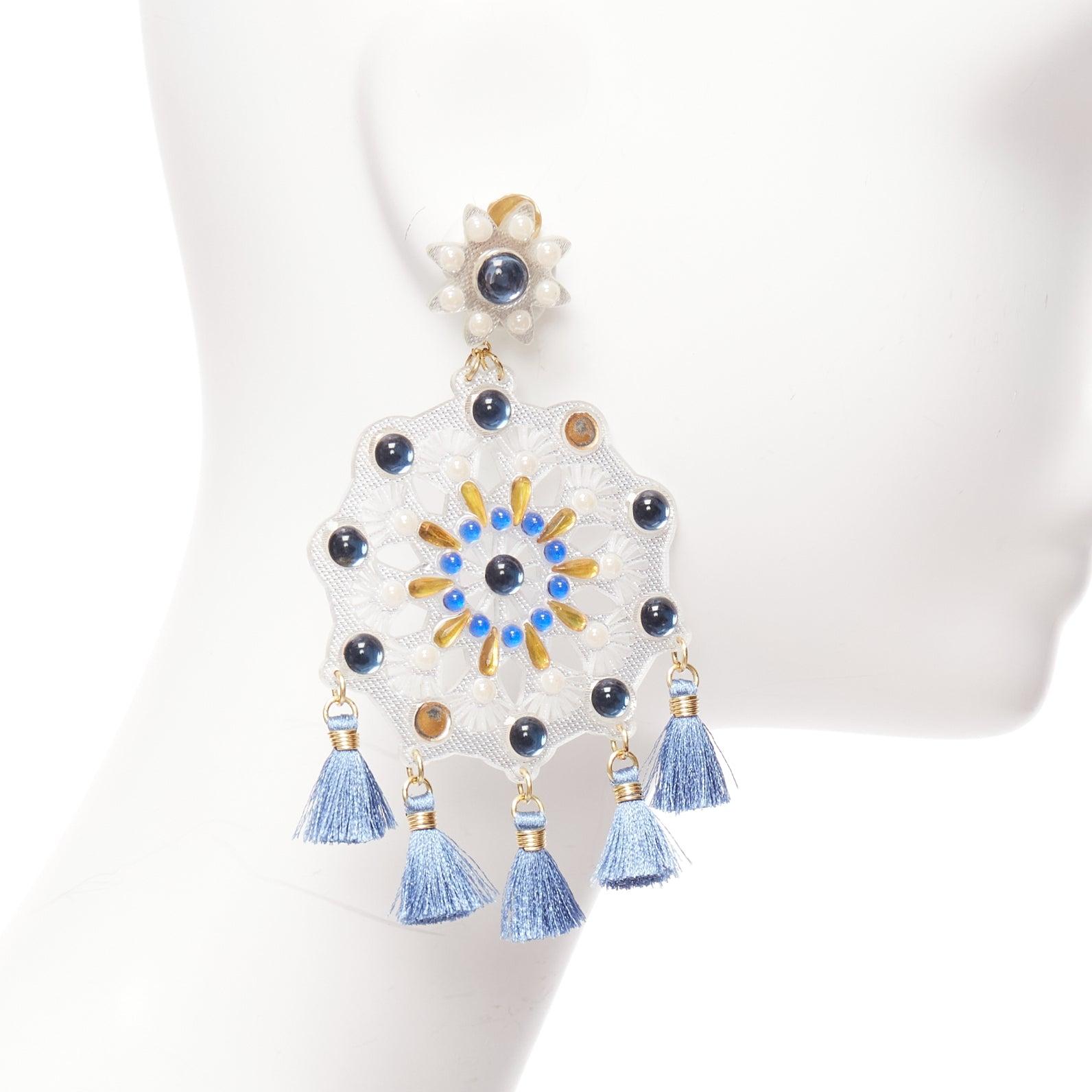MERCEDES SALAZAR clear acrylic blue beads tassels clip on drop earrings In Fair Condition For Sale In Hong Kong, NT