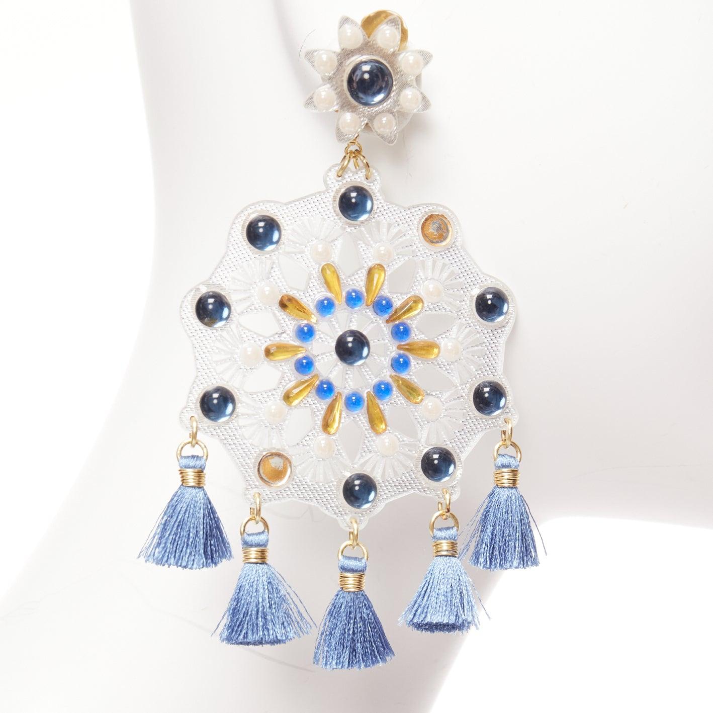 Women's MERCEDES SALAZAR clear acrylic blue beads tassels clip on drop earrings For Sale