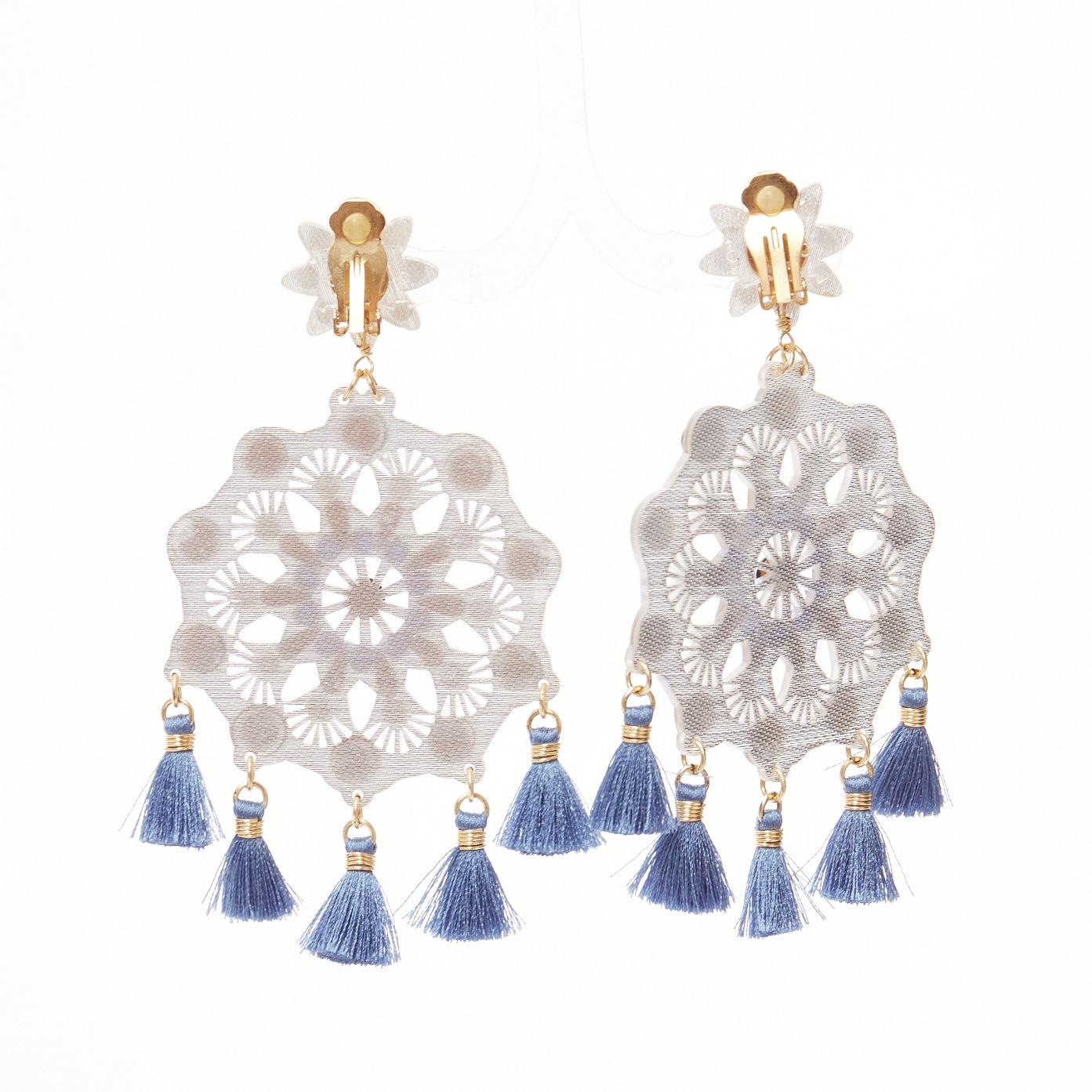 MERCEDES SALAZAR clear acrylic blue beads tassels clip on drop earrings For Sale 1