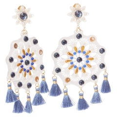 MERCEDES SALAZAR clear acrylic blue beads tassels clip on drop earrings