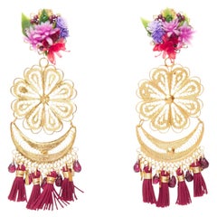 MERCEDES SALAZAR gold flower metal red tassel plastic clip earrings Pair