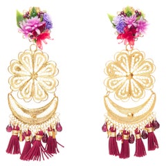MERCEDES SALAZAR gold flower metal red tassel plastic clip earrings Pair