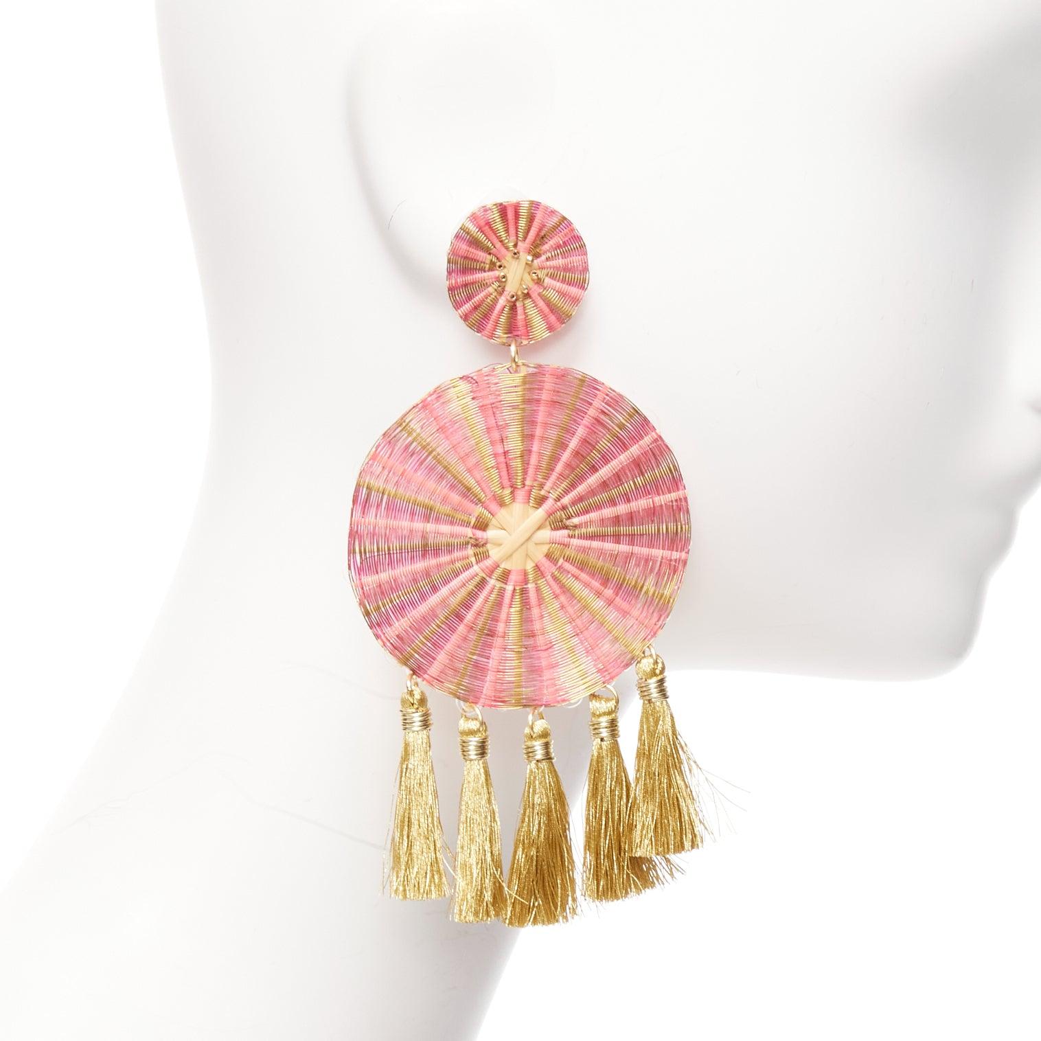 MERCEDES SALAZAR gold pink metal applique tassel clip on earrings In Excellent Condition For Sale In Hong Kong, NT