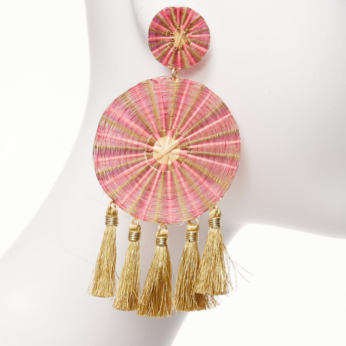 Women's MERCEDES SALAZAR gold pink metal applique tassel clip on earrings For Sale
