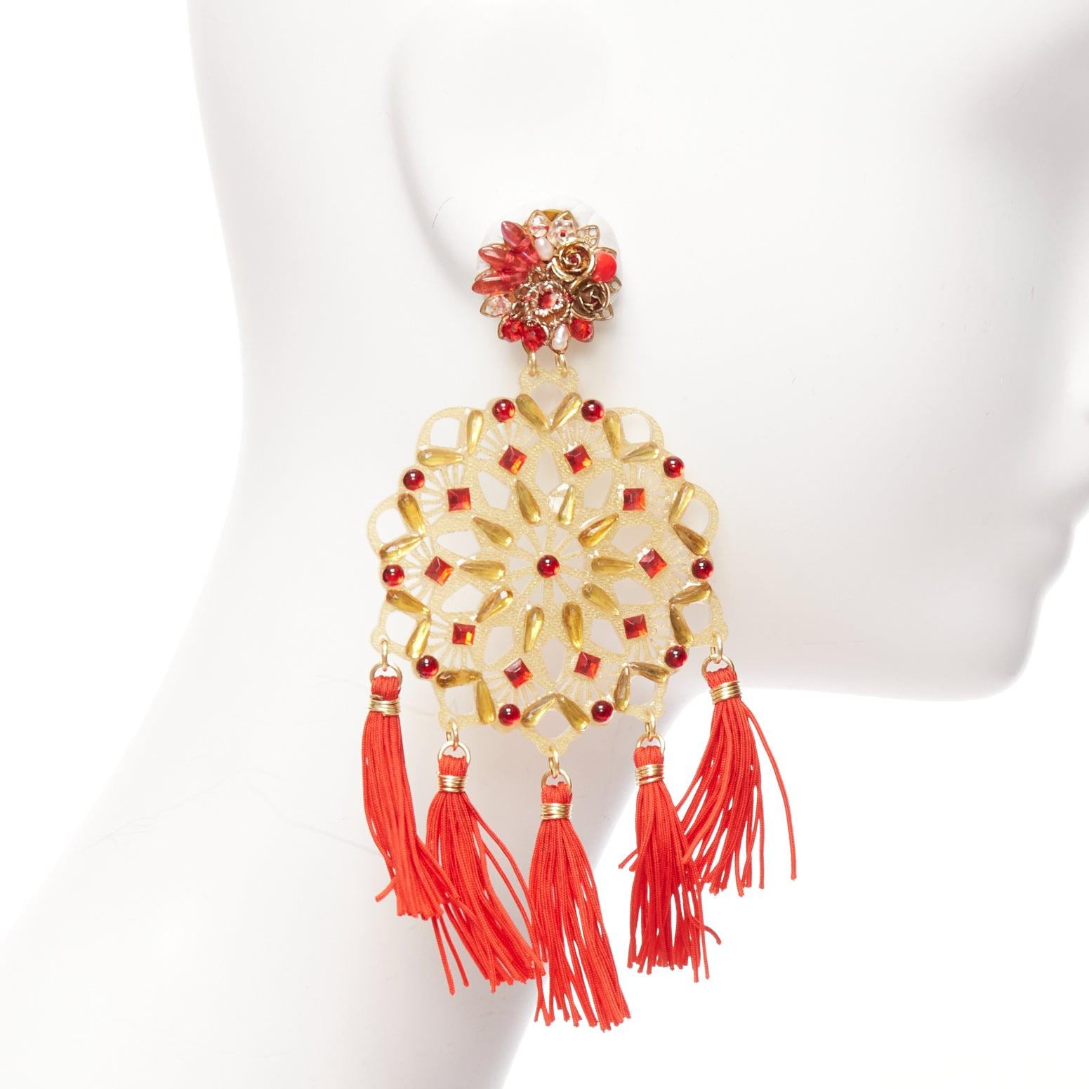 MERCEDES SALAZAR gold red acrylic beads tassel new year clip on earrings In Excellent Condition For Sale In Hong Kong, NT