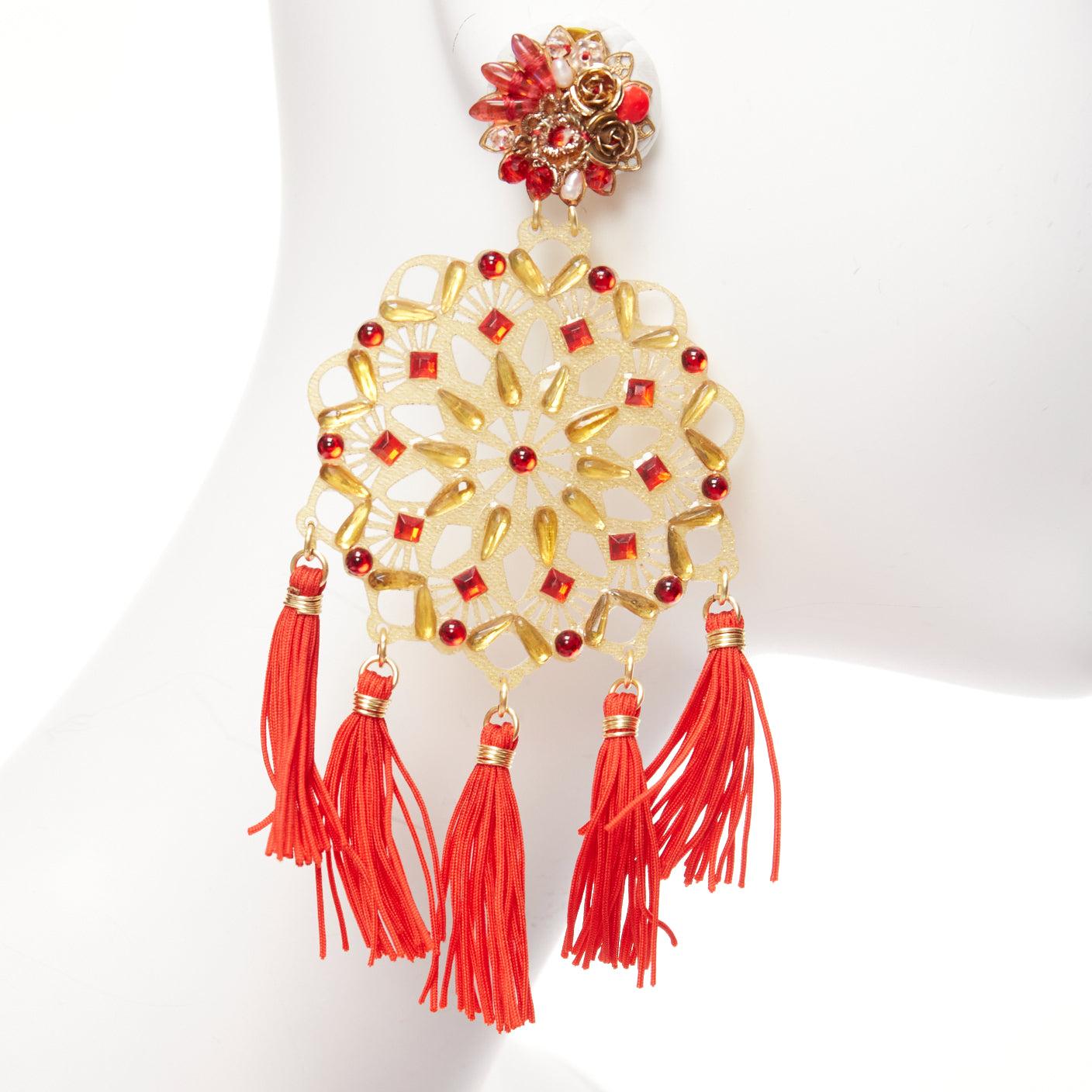 Women's MERCEDES SALAZAR gold red acrylic beads tassel new year clip on earrings For Sale