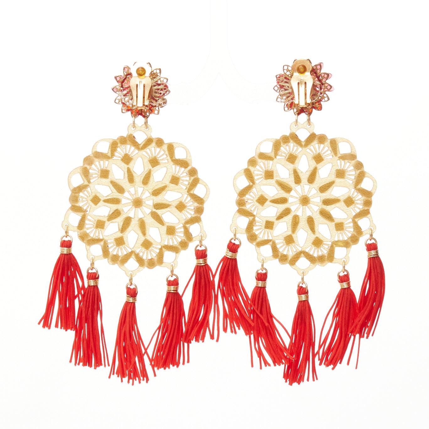 MERCEDES SALAZAR gold red acrylic beads tassel new year clip on earrings For Sale 2